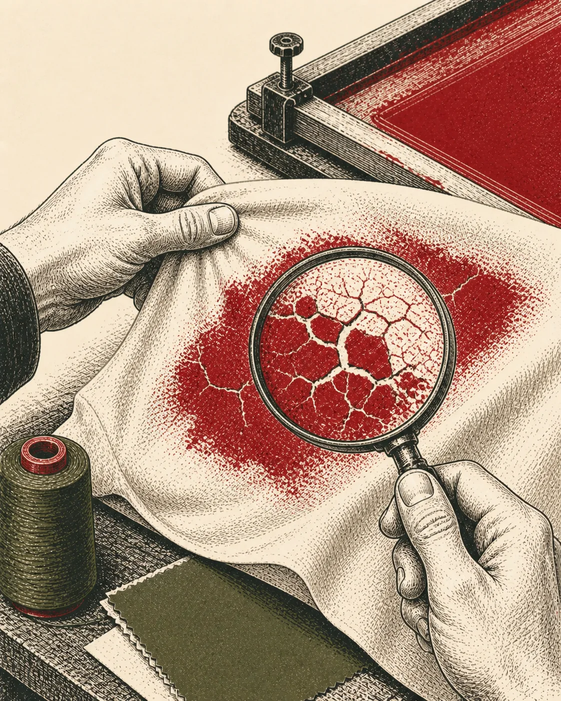 Ink illustration of hands flexing a red screen print to examine fine cracks