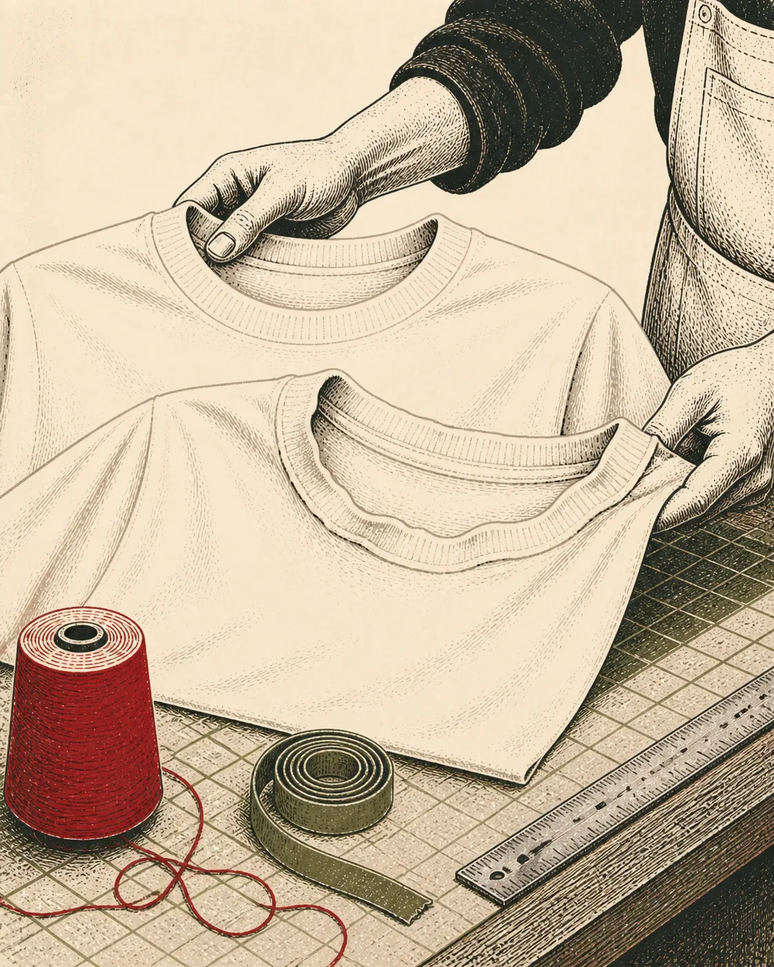 Ink illustration of hands comparing a firm rib collar with a stretched t-shirt neckline
