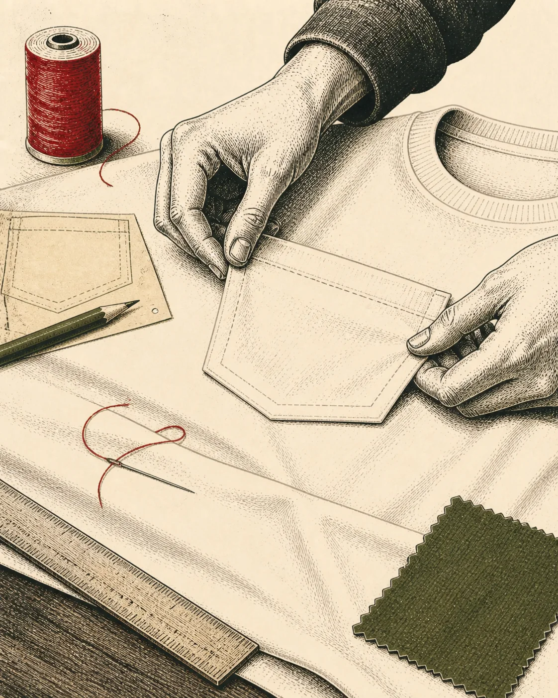 Ink illustration of hands positioning a chest pocket pattern on a cream work t-shirt