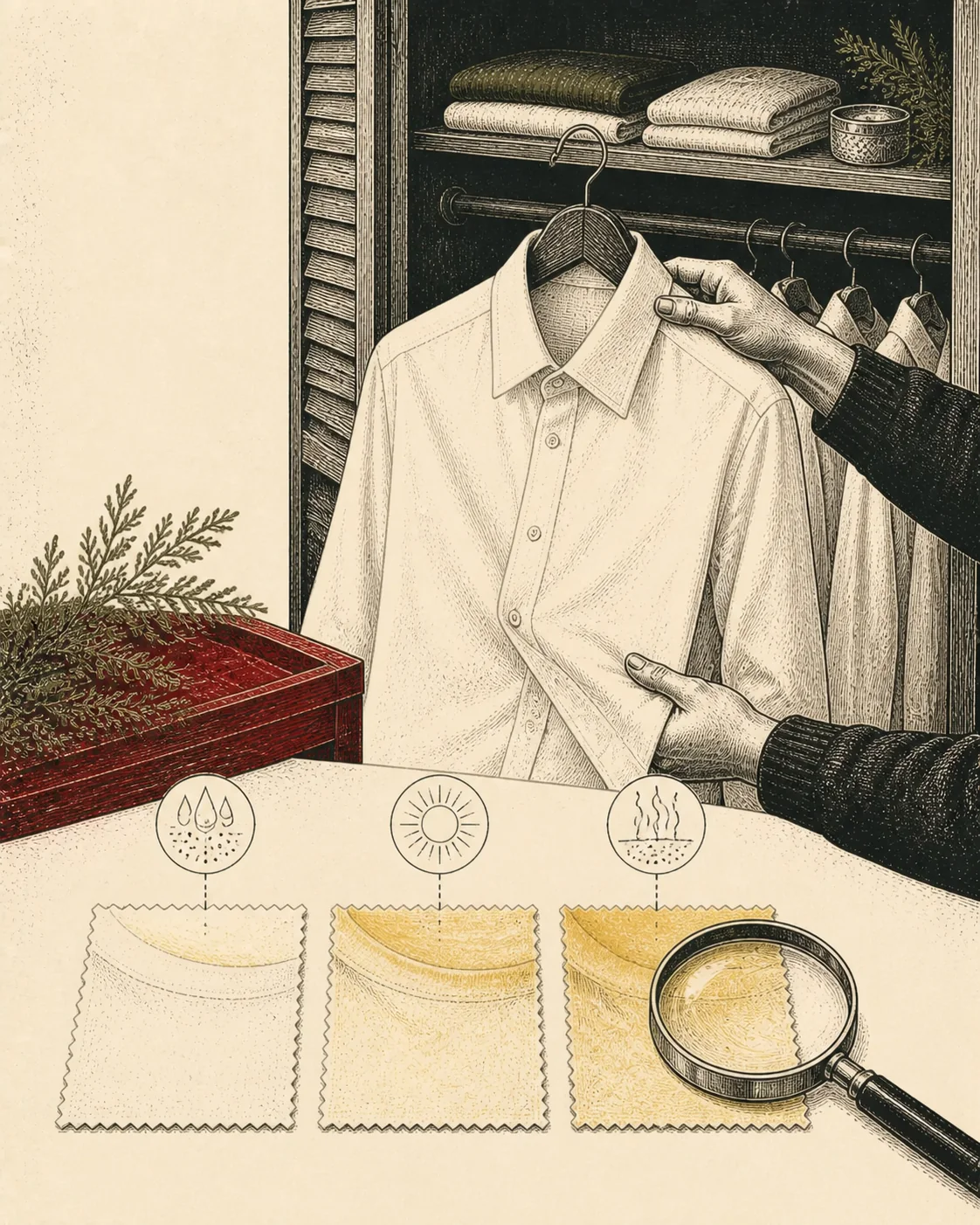 Ink illustration of hands comparing yellowed white-shirt swatches beside an open closet