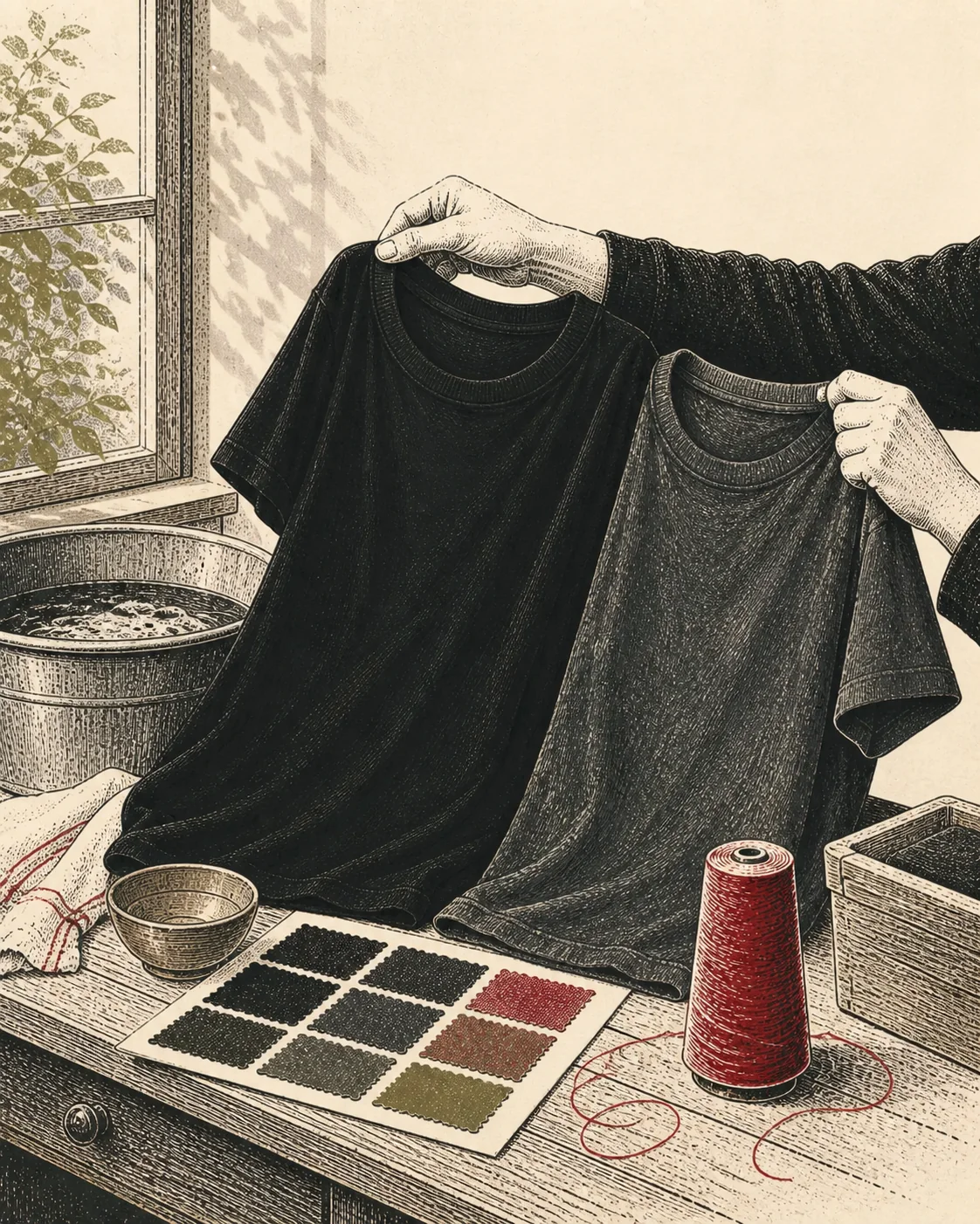 Ink illustration of hands comparing a black t-shirt with a faded charcoal fabric sample