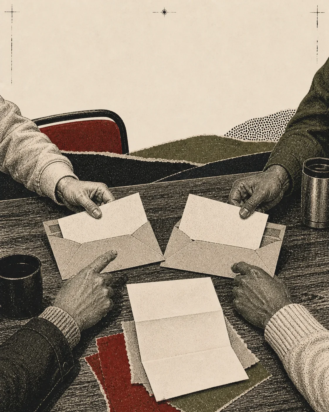 Screenprint collage of coworkers comparing blank pay slips at a breakroom table