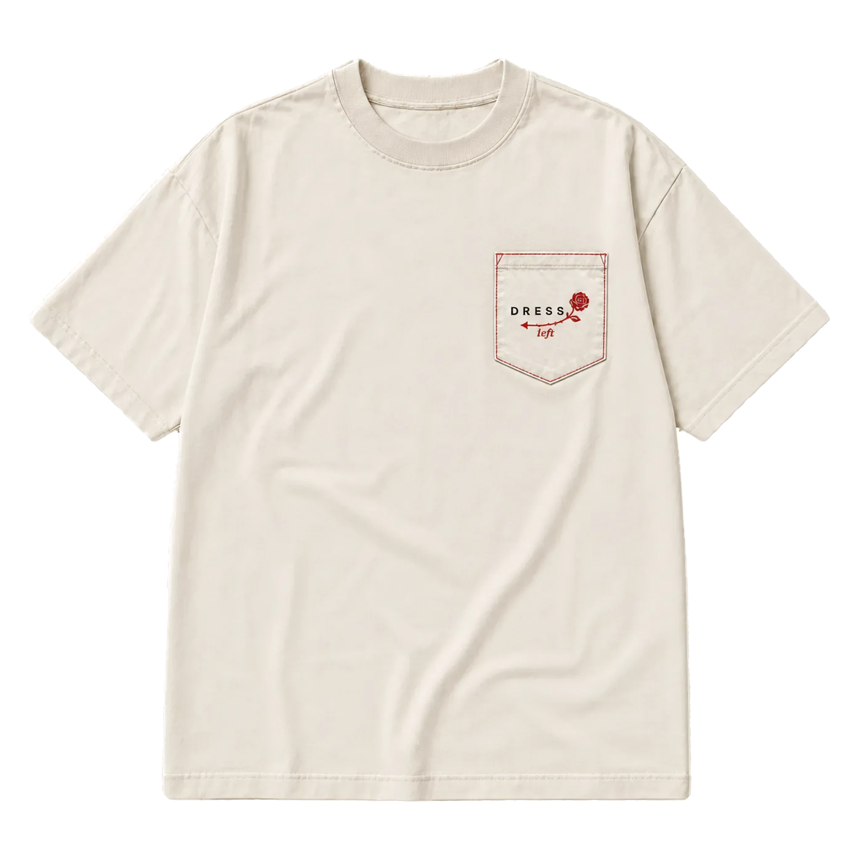 Front of a cream heavyweight tee with a contrast-trim chest pocket carrying the Dress Left rose-and-arrow lockup
